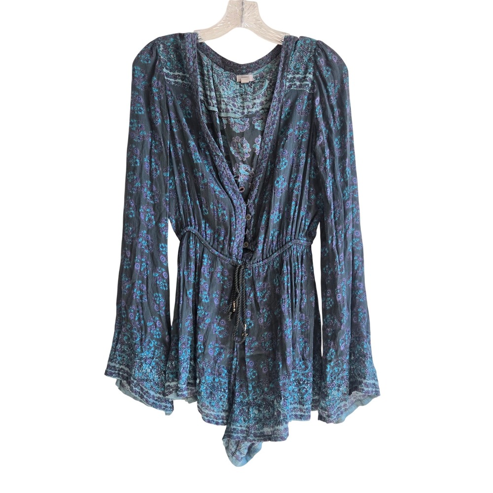 Ecote Medium Romper Womens Teal Purple Floral Paisley Boho Bell Sleeve Excellent